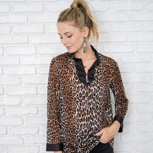 Sheer Leopard Blouse - Vintage 80s -Top - Animal Print - Oversize - Small Medium