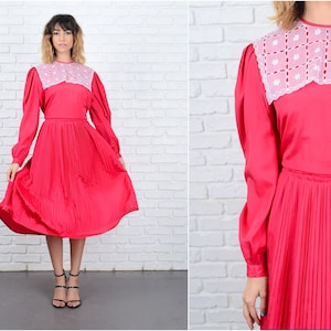 80s Pink Pleated Dress Vintage Slouchy Draped Cutout Lace Bib Collar Medium M image 1