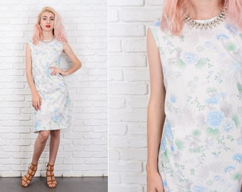 Vintage 70s White + Blue Mod Dress A Line Sleeveless Floral Print Medium M