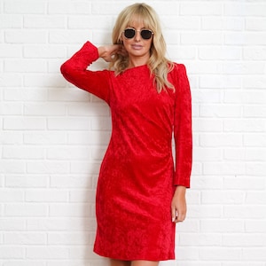 Crushed Velvet Dress - Vintage 90s - Red -Long Sleeve -Puff Shoulder -Small Medium