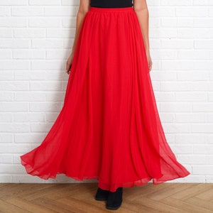 Maxi Chiffon Skirt - Vintage 80s - Red - Flowy Full -Long -High Waist -Small Medium -