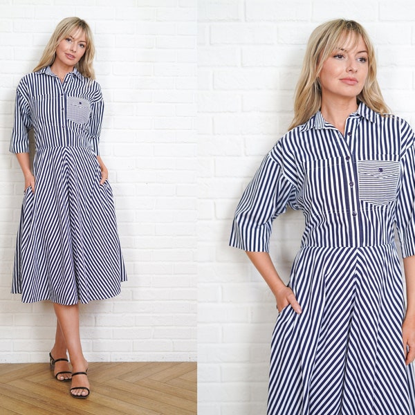 80s Navy Blue Shirt Dress Vintage Striped Nautical White Shirtdress Large Full Skirt L