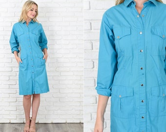 Vintage 80s Teal Blue Dress Shirt Dress Western Shirtdress medium M