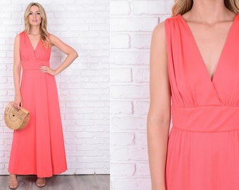 Vintage 70s Coral Maxi Dress Boho Mod Sleeveless Plunging Small S