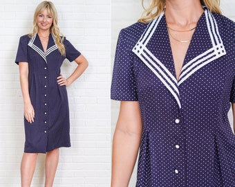 80s Navy Blue Dress Vintage Polka Dot Striped Secretary