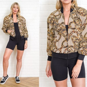 90s Silk Windbreaker Bomber Jacket Vintage Taupe Leopard Print Small Medium S M