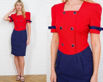 Jaren 80 Kleur Blok Jurk Vintage Rood en Blauw Strik Geplooid Secretaresse Puff Sleeve Medium