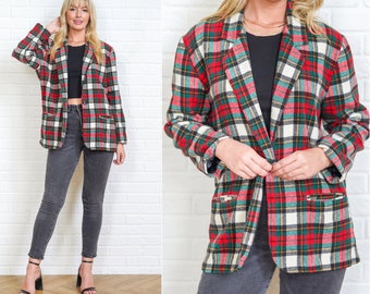 80s Tartan Plaid Jacket Vintage Boyfriend Blazer Top Green Red Oversize S M L