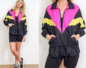 90s Pink Geometric Jacket Vintage Windbreaker Geo Triangle Black Yellow Small Medium S M