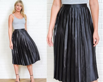 90s Knife Pleated Skirt Vintage High Waist Straight Knee length Minimalist Shiny XS