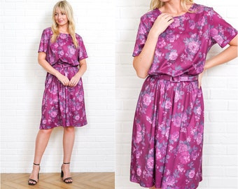 80s Purple Draped Floral Dress Vintage Floral Print Short Sleeve 2X Knee length