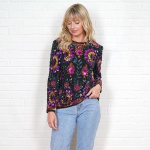 Flower Sequin Top - Vintage 80s -Purple Glam - Beaded Leaf - Silk -Small Medium