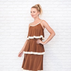 Abito senza maniche a strati - Vintage anni &#39;70 marrone + crema - Boho - Midi - Small