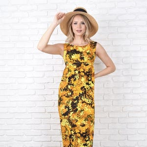 Vintage 60s Floral Dress - Abstract Psychedelic - Bright yellow Orange -A Line Maxi XS