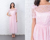 Vintage 70s Pink Boho Hippie Lace Dress Puff Sleeve Floral Maxi XS 7145