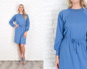 Vintage 70s 80s Blue Long Sleeve Dress Ribbed Collar Draped Mini Small S 11937
