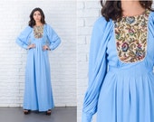 Vintage 70s Blue Maxi Dress Boho Hippie Floral Tapestry Draped XS Small S 7136 vintage dress 70s dress blue dress boho dress xs dress
