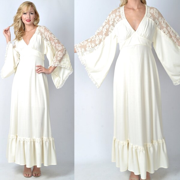 Vintage 70s Cream Maxi Dress Hippie Wedding Lace Angel Slv Sheer Goddess Small 1294