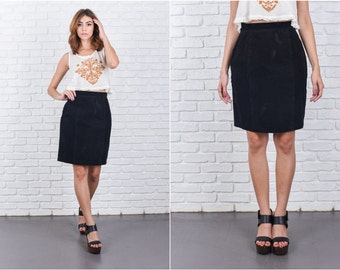 Vintage 80s Black Suede Leather Skirt High Waist Mini Small S 7741 vintage skirt 80s skirt black skirt suede skirt leather skirt mini skirt
