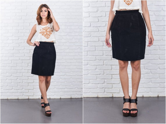 Vintage 80s Black Suede Leather Skirt High Waist … - image 1