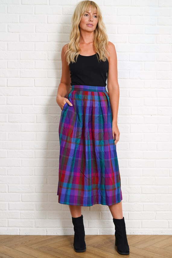 90s Plaid Print Skirt Vintage Midi Striped Straig… - image 2