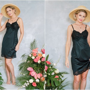 Vintage 60s 70s black sheer lace lingerie nighty nightgown boudoir slip dress negligee S