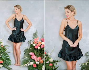 Vintage 90s black satin slip dress lingerie boudoir negligee nighty nightgown ruffle S M