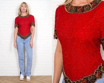 90s Beaded Red Top Vintage Blouse Short Sleeve Floral Silk Medium Asymmetrical M Glam