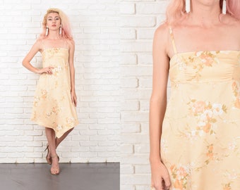 Vintage 70s Peach Boho Dress Floral Print A Line XXS 10510