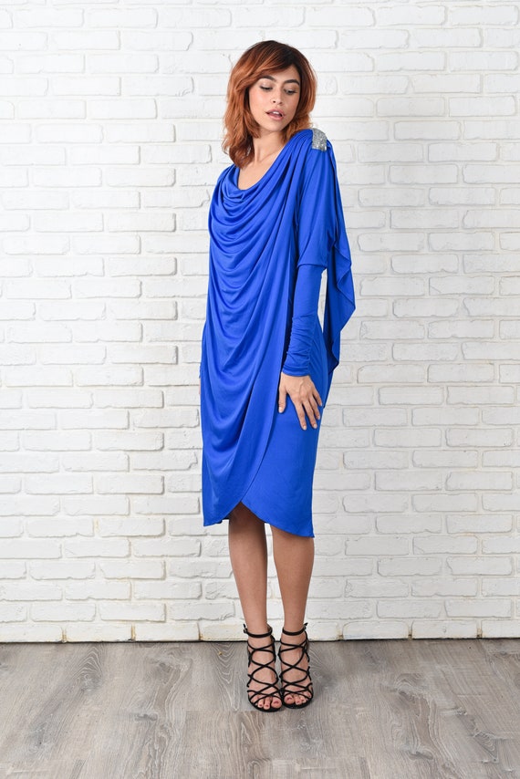 Vintage 80s Blue Cowl Draped Dress Slouchy Wrap C… - image 4