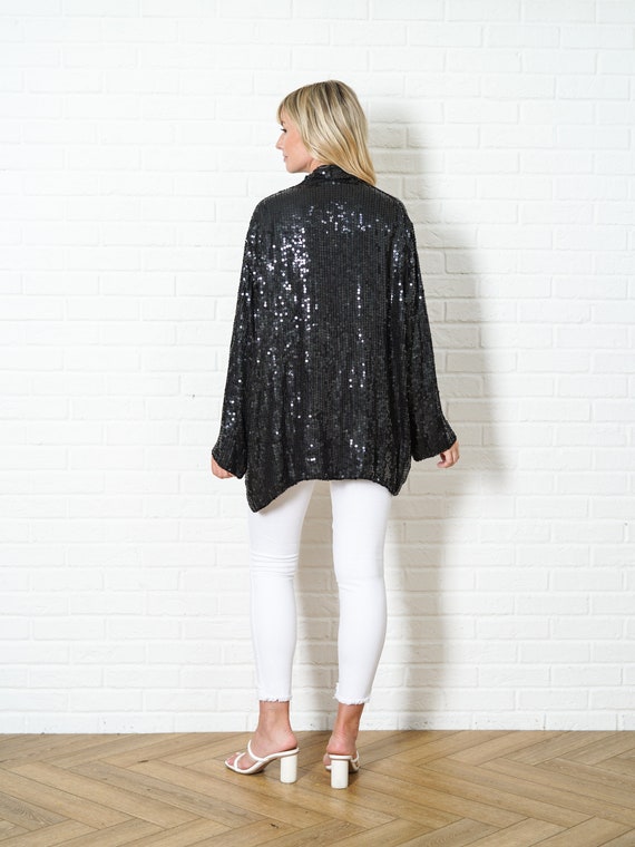 Vintage 80s Black Sequin Jacket Top Glam Coat Ret… - image 6