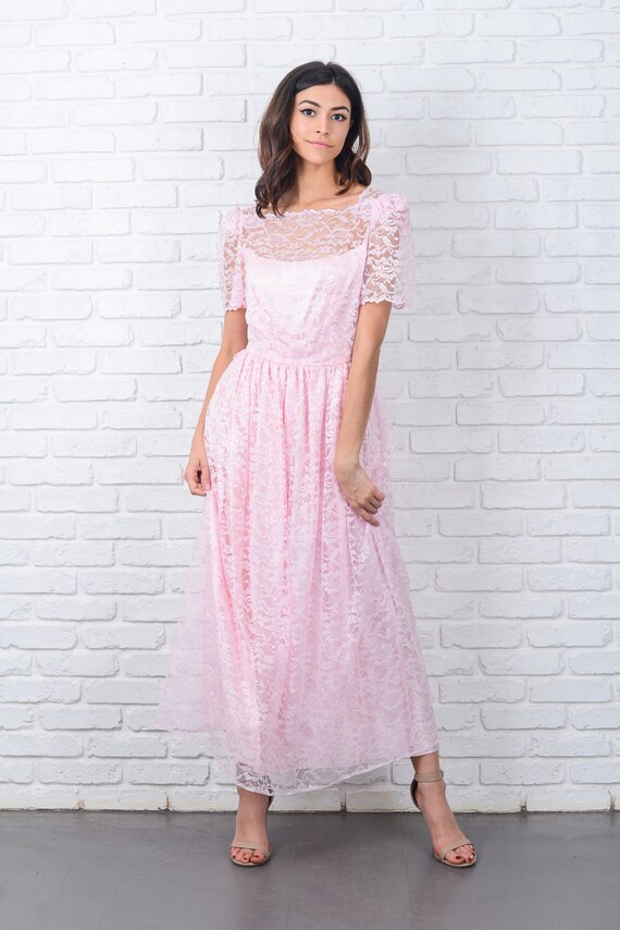 Vintage 70s Pink Boho Hippie Lace Dress Puff Slee… - image 3