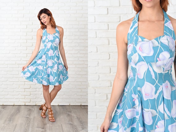 80s Blue Mini Dress Vintage Dress Floral Print Ba… - image 1