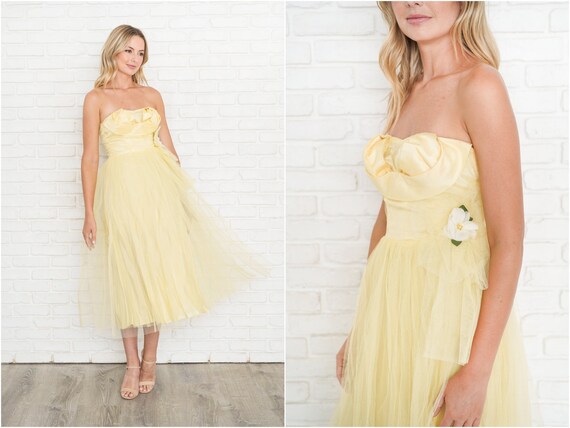Vintage 50s Yellow Strapless Dress Tulle Cocktail