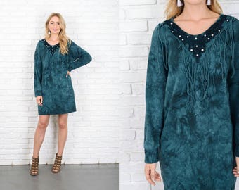 Vintage 80s 90s Green Fringe Knit Dress Lace S M Crochet Slouchy Oversize