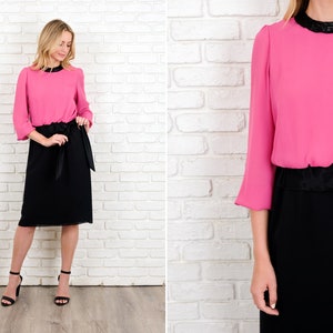 Vintage 80s Pink Slouchy Draped Dress Retro Beaded Color Block Black Small S