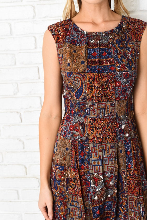 Vintage 60s Navy Blue Patchwork Print Geometric A… - image 6