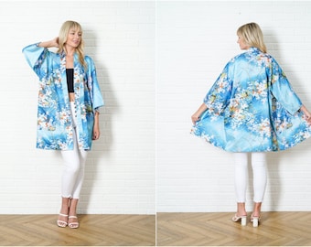 Vintage 80s Blue Floral Print Kimono Jacket Asian Coat S M L