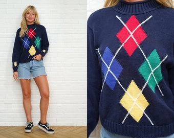 90s Geo Sweater Vintage Argyle Geometric Pullover Crewneck Small S Navy Blue