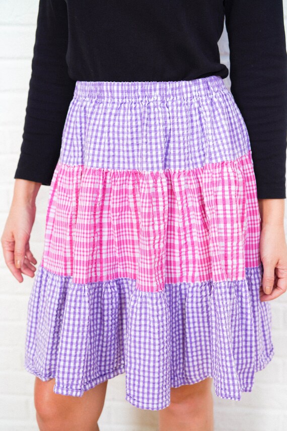 90s Full Mini Skirt Vintage Pink and Purple Plaid Gingham High Waist One Size