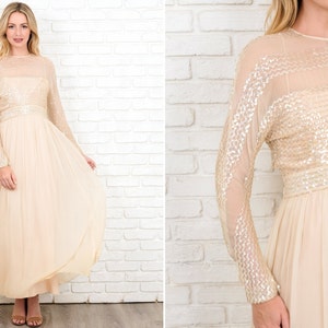 Vintage 60s Cream Maxi Cocktail Dress Silk Sequin Sheer Party S M