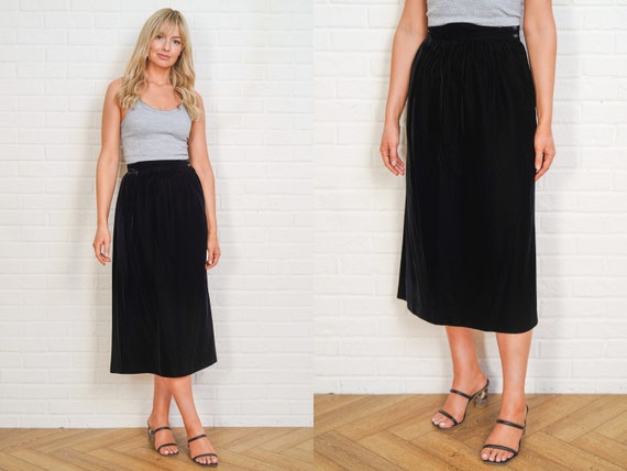 90s Black Velvet Skirt High Waist XS Midi - image 1