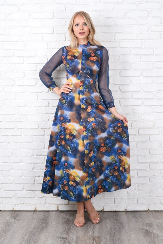 Vintage 70s Blue Maxi Dress Sheer Sleeve Floral P… - image 4