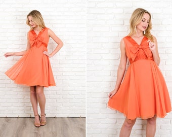 Vintage 60s Orange Cocktail Party Dress Bow Full Flowy XS