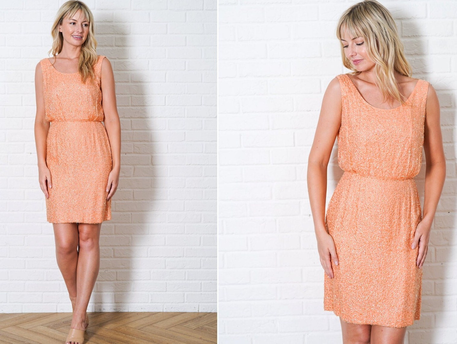 thekissingtree Vintage 60s Apricot Sequin Party Dress Cocktail Sleeveless Silk Small S