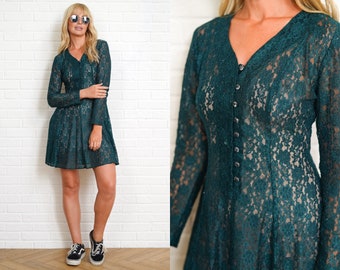 90s Lace Dress Vintage Sheer Grunge Mini Long Sleeve Small S
