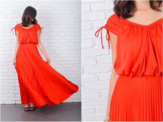 Vintage 70s Red Maxi Dress Draped Accordion Pleate