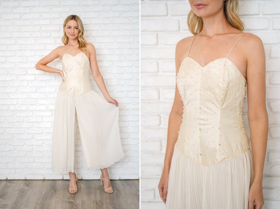 Vintage 80s Cream Beaded Jumpsuit Fortuny Pleated