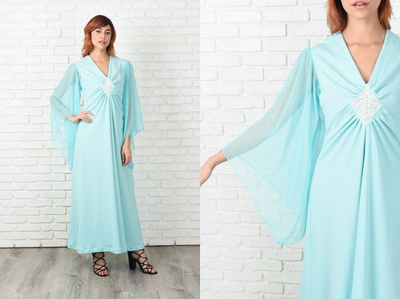 Vintage 70s Mint Maxi Dress Angel Sleeve Boho Hip… - image 1