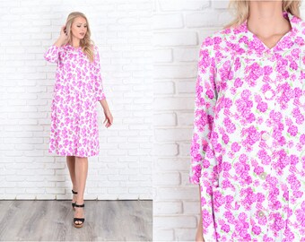 Vintage 70s White + Pink Floral Print Dress A Line 2X Midi Mod 11908 vintage dress 2x dress XXLDress white dress pink dress a line dress